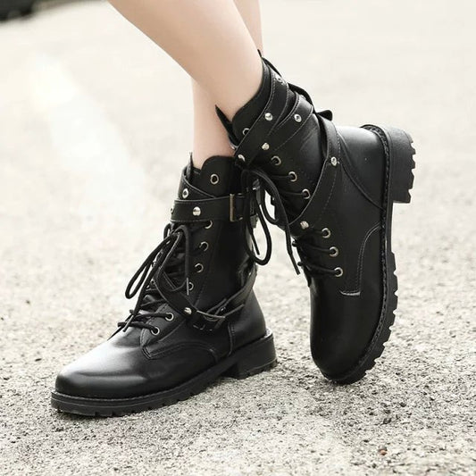 Nocturne Stride Combat Boots, gothic style mid heeled