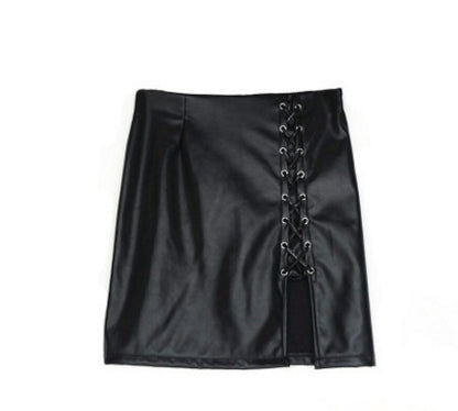 Black Lace Up Style PU Leather Skirt