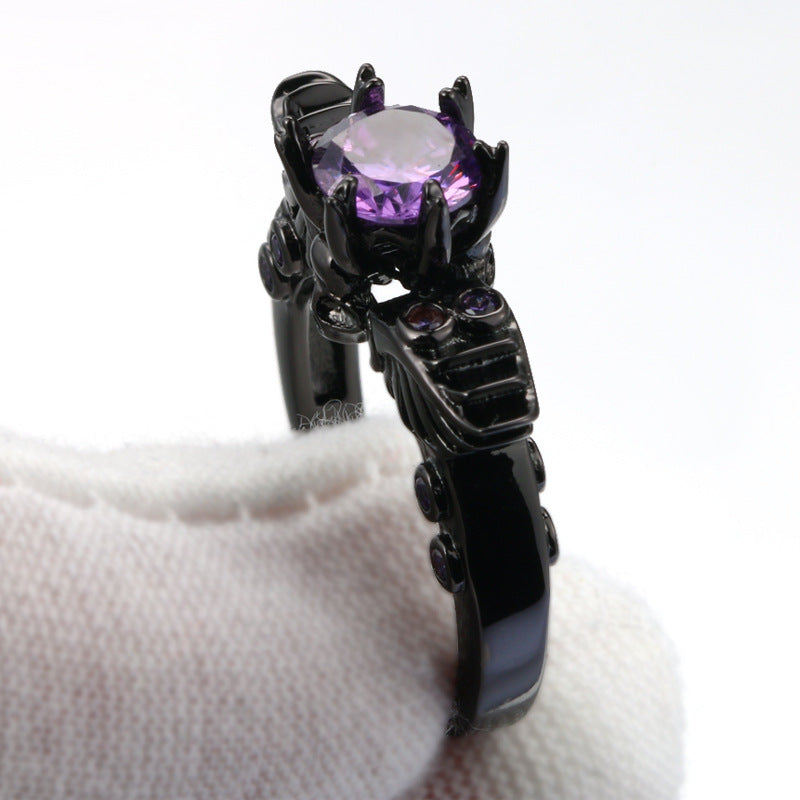 Vintage Black Enamel Ring Purple Zircon Black Gold Jewelry