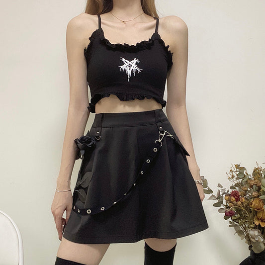 Black High Waist Skirt with Strap. Zipper Pleated Gothic Punk Skirt (Streetwear, Casual, Cargo Skirt)