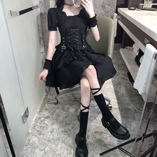 Ruffle Lace Up Buckle Gothic Sweet Dress