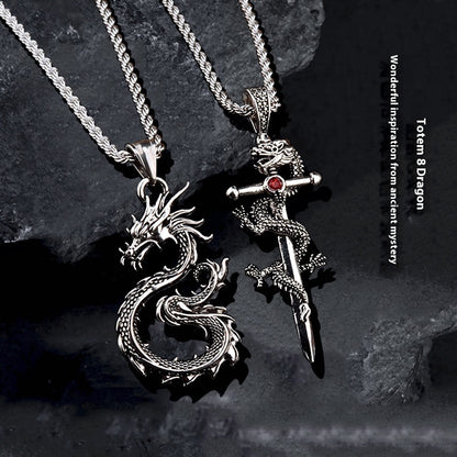 Men's Jewelry| Totem & Dragon Sword Pendant Necklace| Paved Black Color Premium Jewelry