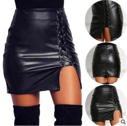 Black Lace Up Style PU Leather Skirt