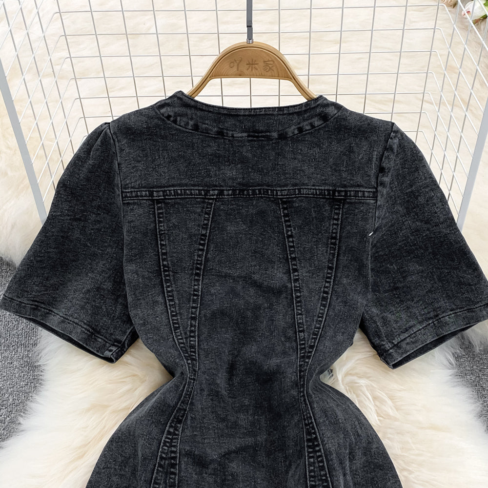 Black V-neck Tie Waist Denim Dress For Women