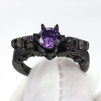 Vintage Black Enamel Ring Purple Zircon Black Gold Jewelry