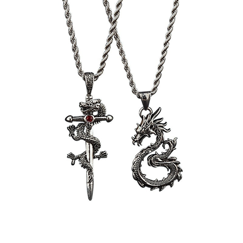 Men's Jewelry| Totem & Dragon Sword Pendant Necklace| Paved Black Color Premium Jewelry