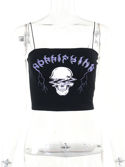 European And American Gothic Skull Print Tight Navel Sling Crop Top