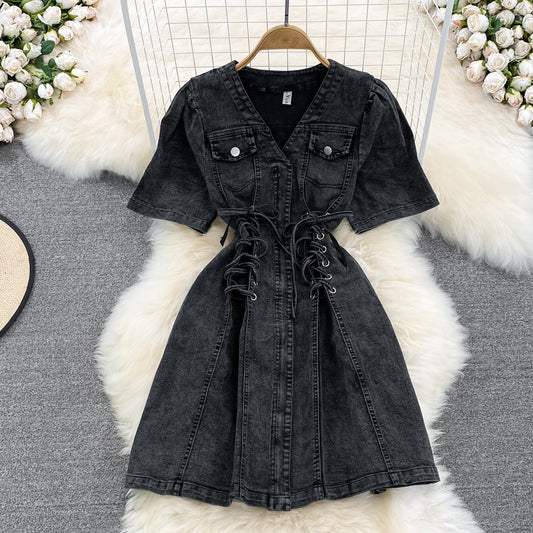 Black V-neck Tie Waist Denim Dress For Women