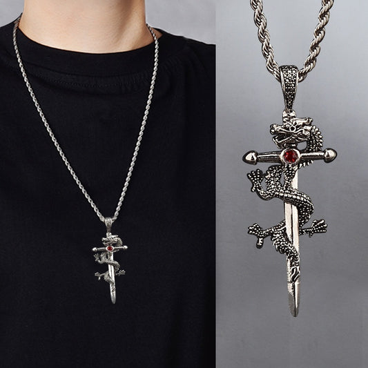 Men's Jewelry| Totem & Dragon Sword Pendant Necklace| Paved Black Color Premium Jewelry