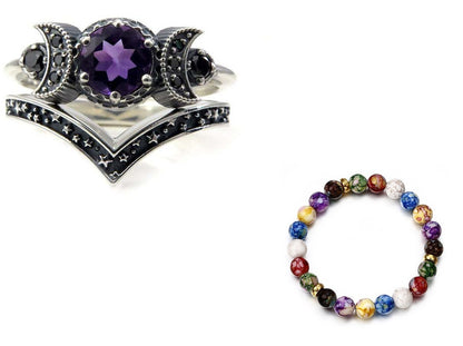 Triple Moon Goddess Gothic Purple Crystal Ring