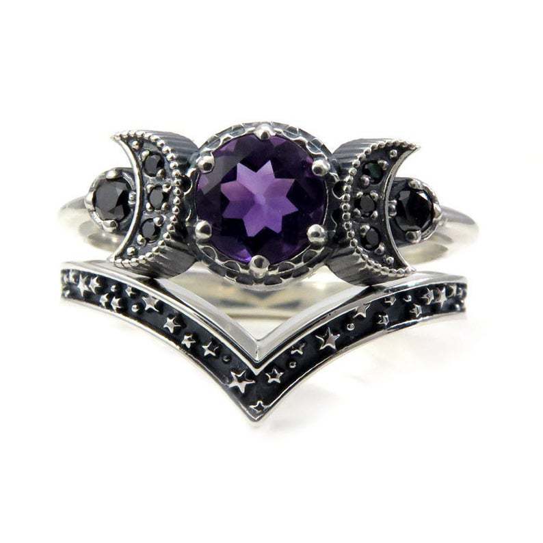 Triple Moon Goddess Gothic Purple Crystal Ring