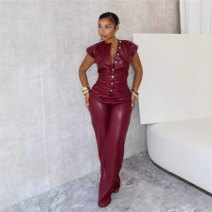 New Women's Trousers Sleeveless Leather Jumpsuit