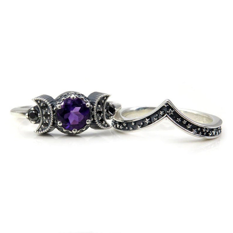 Triple Moon Goddess Gothic Purple Crystal Ring