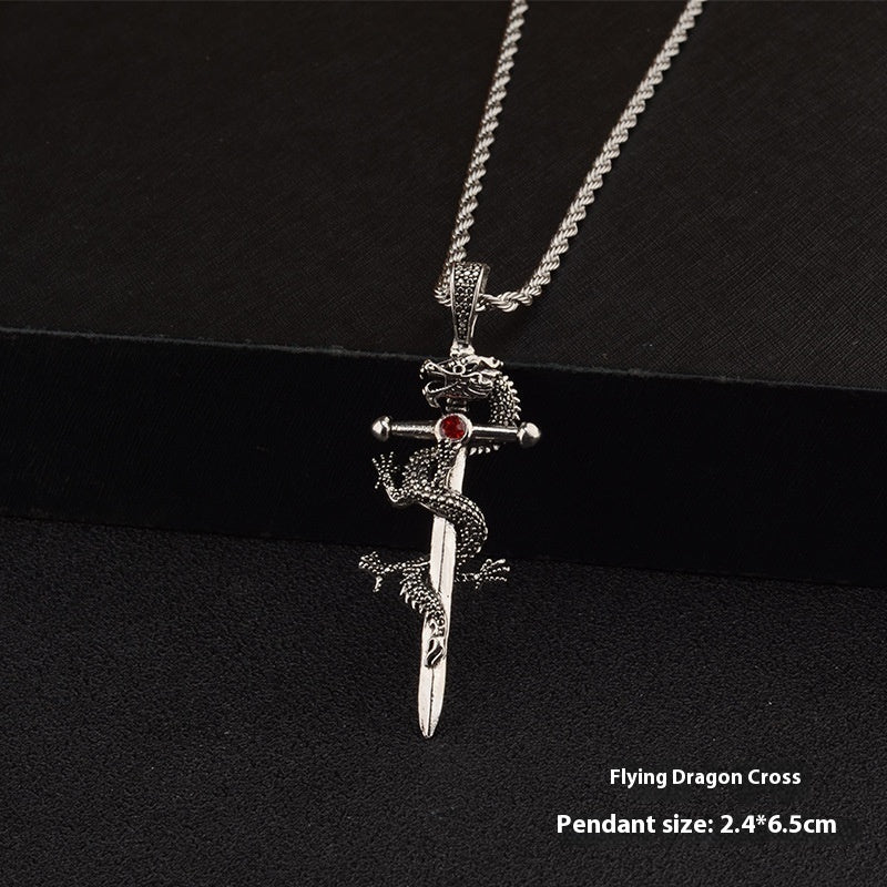 Men's Jewelry| Totem & Dragon Sword Pendant Necklace| Paved Black Color Premium Jewelry